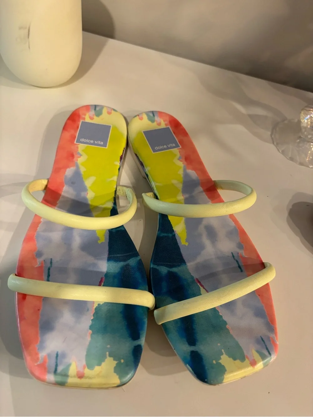 Dolce Vita Pastel Watercolor Slide Sandals with Pale Yellow Straps